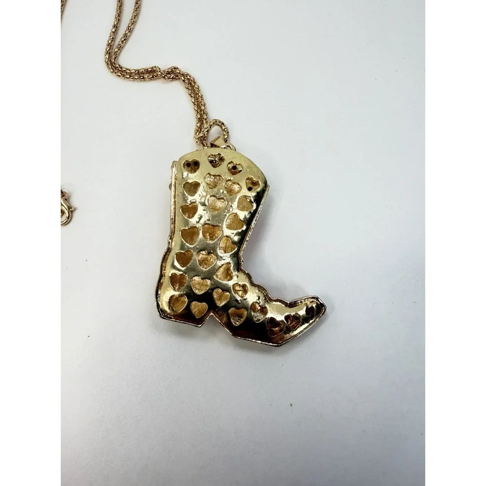 Cowgirl Boot Red Enamel Rhinestone Pendant Gold Tone Necklace Western Rodeo